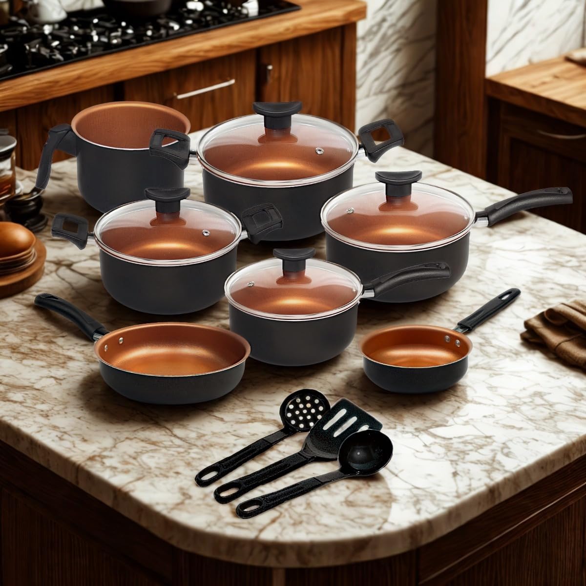 Jogo de Panela 9 Peças Antiaderente Teflon Cobre com Tampa de Vidro Premium IZECHEF PRO IZESHOP Conjunto completo de 9 peças de panelas antiaderentes com utensílios em nylon para cozinha doméstica