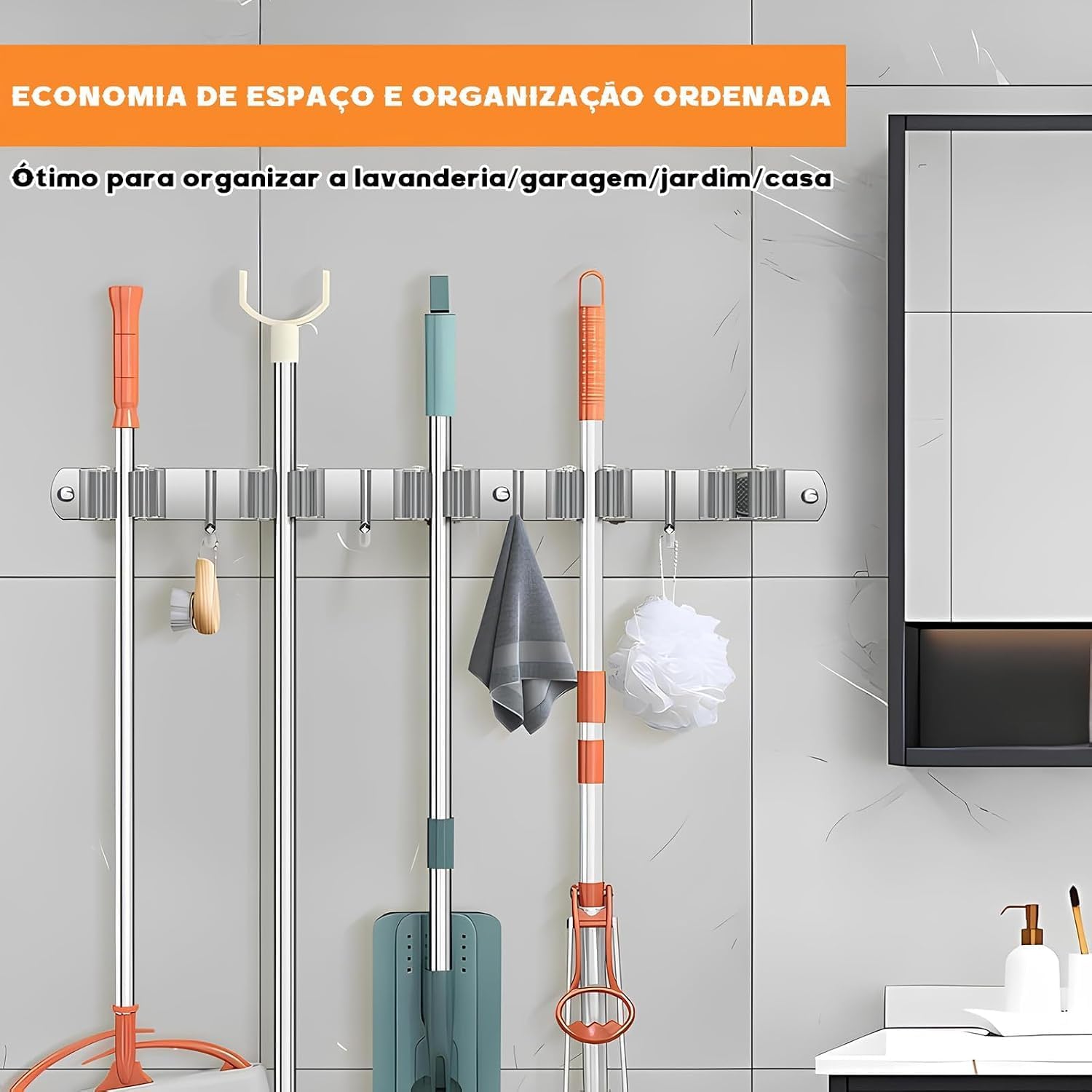 Suporte para Vassouras e Rodo de Parede Aço Inoxidável 9 Acessórios Organizador Premium IZEHOLD PRO