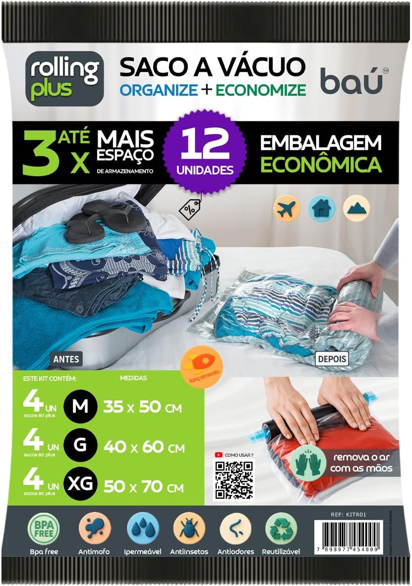 Kit 12 Sacos a Vácuo Manual Viagem Casa Camping Enrolar Sem Bomba 3 Tamanhos Economia IZEROLL PRO