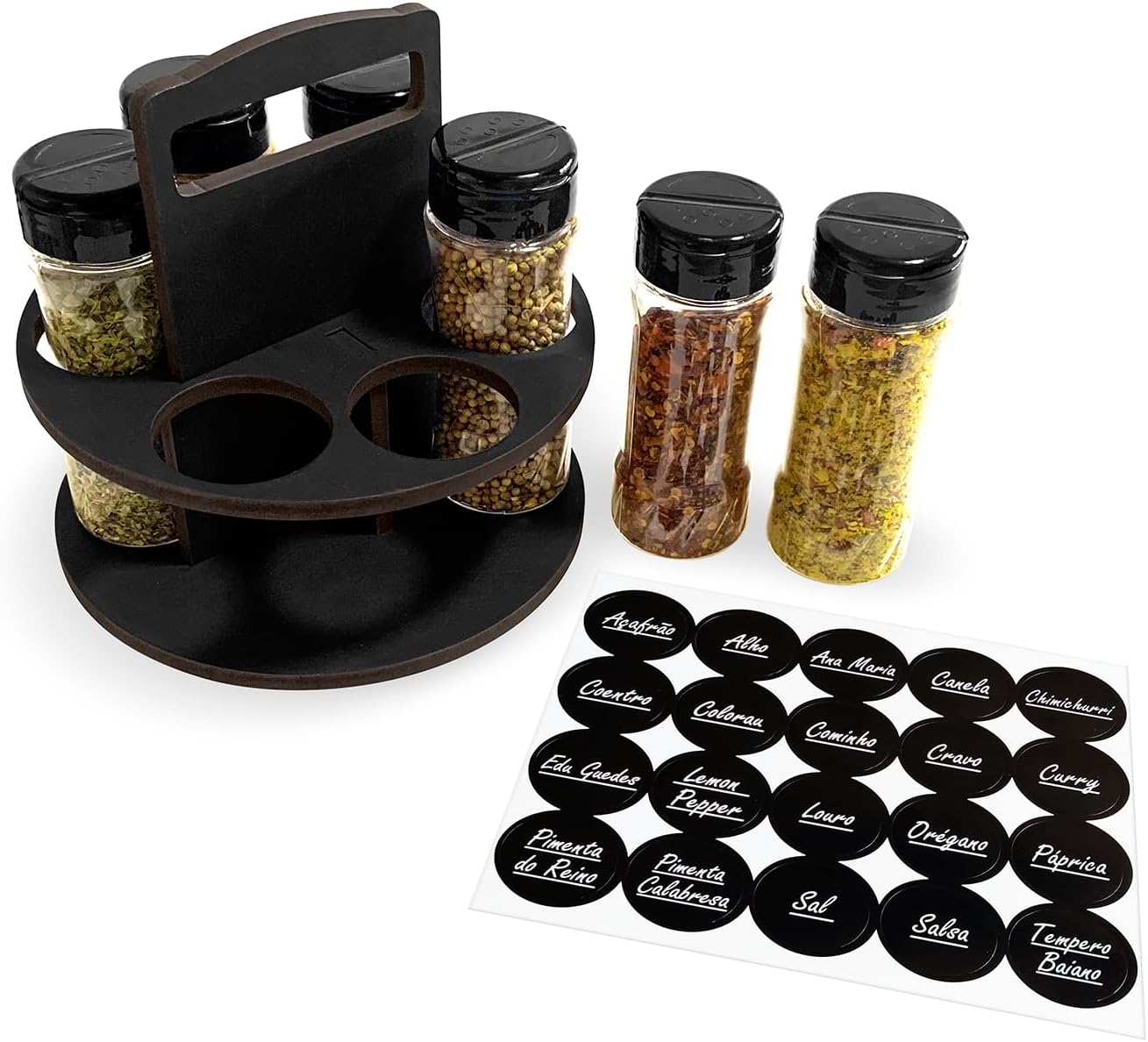 Kit Porta Tempero Redondo MDF 6mm 6 Potes 130ml Tampa Dosadora Dupla IZECHOP PRO IZESHOP Kit porta tempero redondo IZECHOP PRO com 6 potes de 130ml para organizar a cozinha