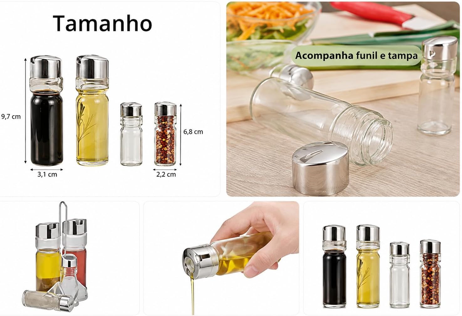 Galheteiro 5 Peças Vidro Transparente Tampa Inox Suporte Cromado Premium IZESHINE PRO IZESHOP Conjunto galheteiro 5 peças premium IZESHINE PRO com frascos de vidro e suporte resistente para cozinha e jantar