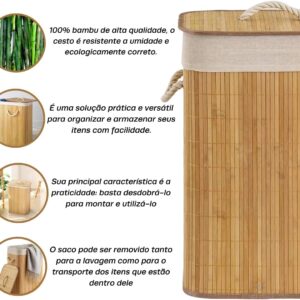 Cesto de Roupa Suja Bambu Dobrável 40x30x60cm Retangular Organizador Premium IZEHOME PRO Cesto de Roupa Suja Bambu Dobrável 40x30x60cm Retangular Organizador Premium IZEHOME PRO