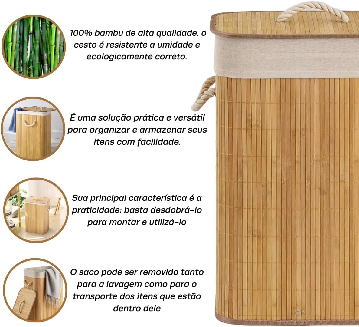 Cesto de Roupa Suja Bambu Dobrável 40x30x60cm Retangular Organizador Premium IZEHOME PRO IZESHOP Cesto organizador de bambu dobrável para quarto lavanderia lavabo e banheiro