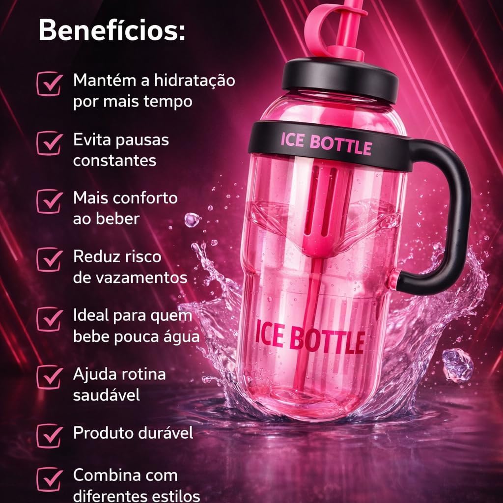 Garrafa Esportiva 1,3L com Canudo Polipropileno BPA Free Tampa Antivazamento Rosa Bebê IZEHYDRA PRO