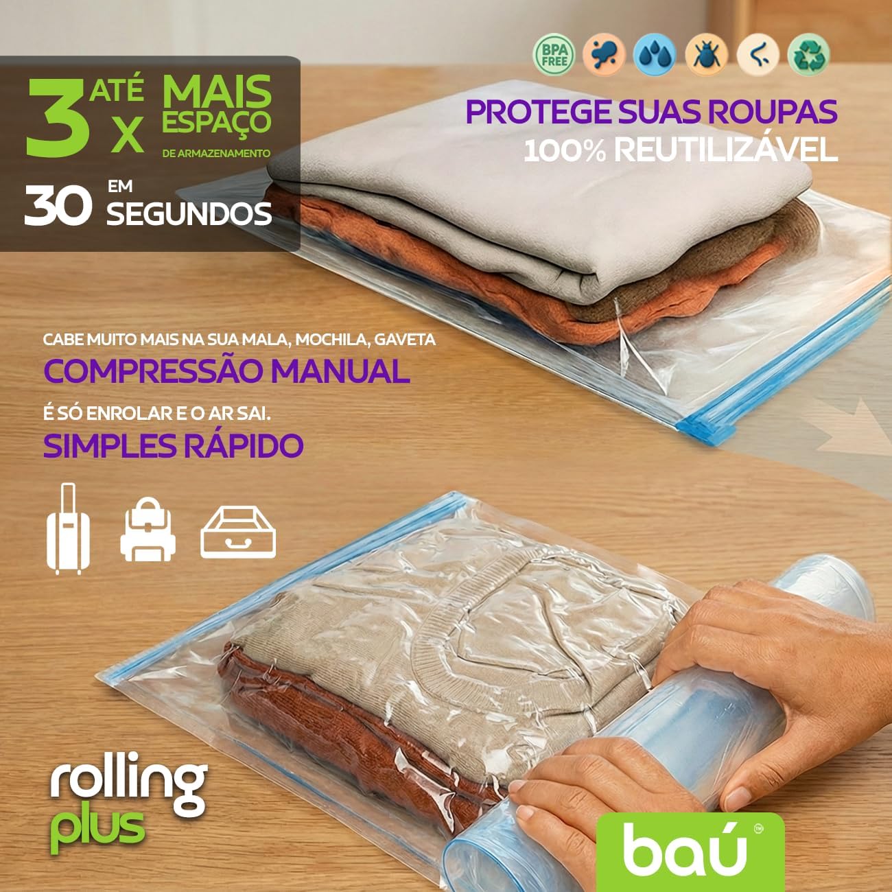 Kit 12 Sacos a Vácuo Manual Viagem Casa Camping Enrolar Sem Bomba 3 Tamanhos Economia IZEROLL PRO