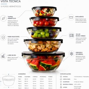 Kit 5 Bowls de Vidro Herméticos Transparentes Tampa Preta 140ml-930ml IZESAFE PRO