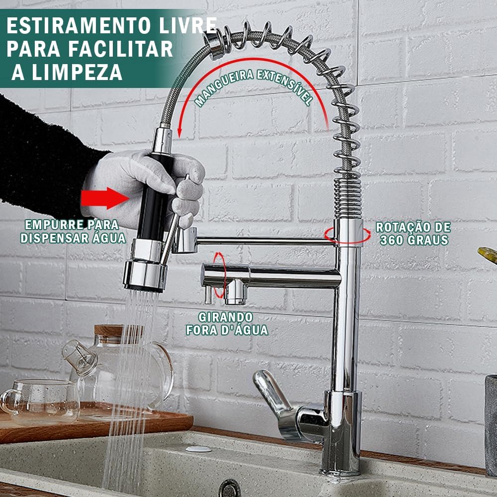 Torneira Gourmet Cozinha Monocomando Cromada Metal Alta Pressão Com Spray Extensor IZEFLOW PRO