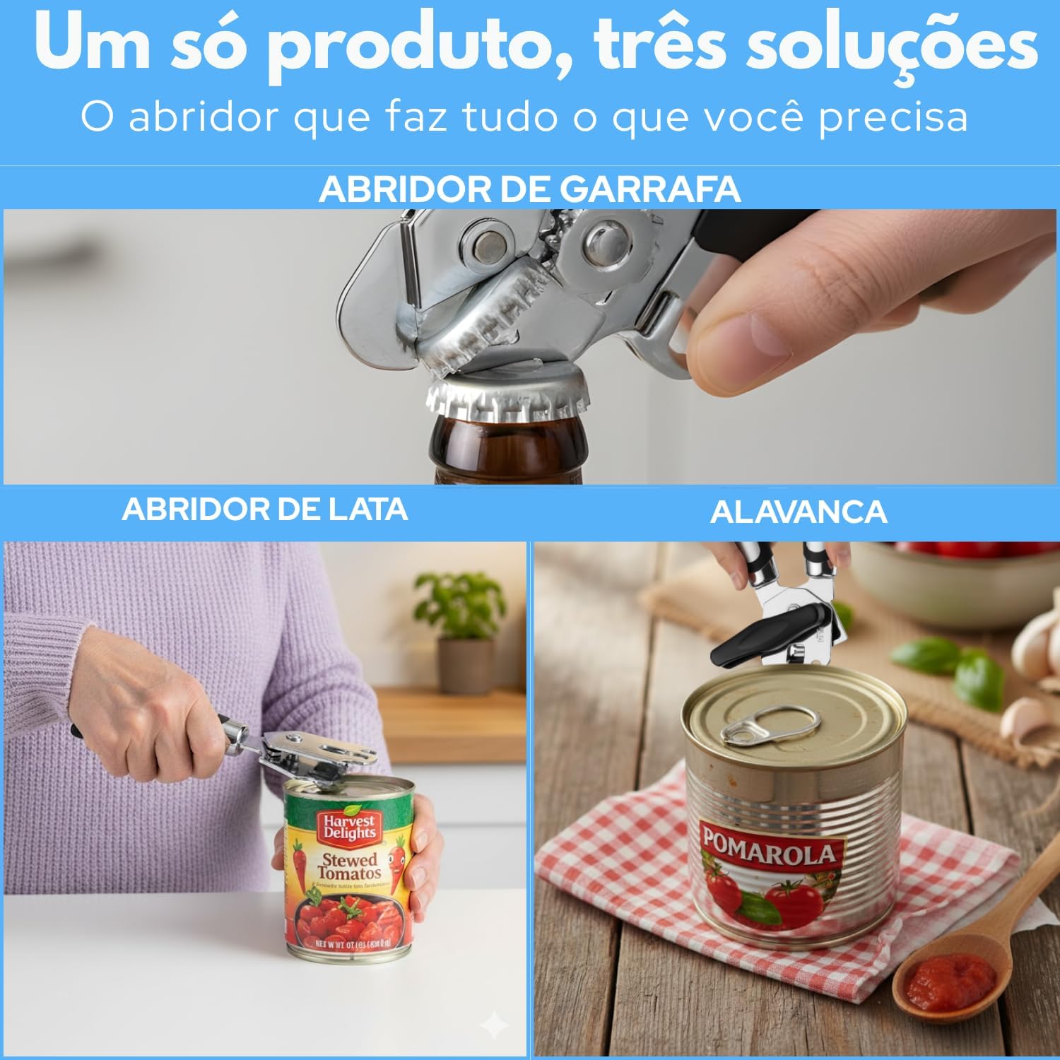 Abridor de Latas 3 em 1 Inox Manual Ergonômico Premium IZECHOP PRO IZESHOP Abridor de latas manual inox com mecanismo de precisão e corte suave sem rebarbas