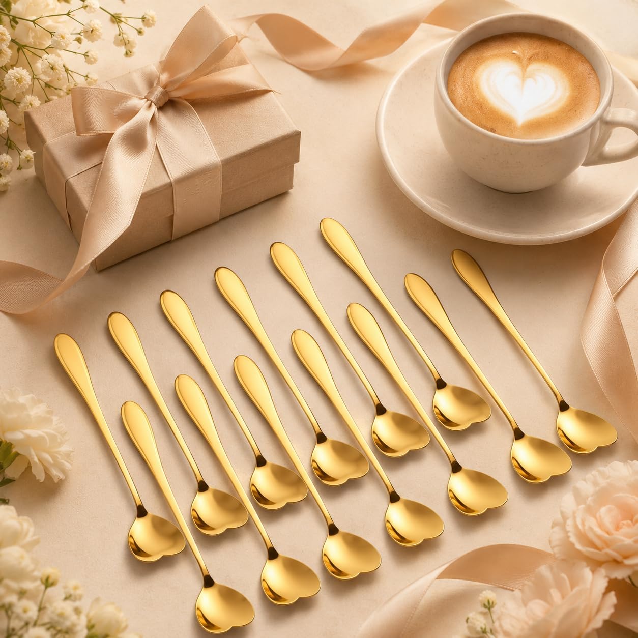 Kit 10 Colheres Douradas Coração Aço Inox 13cm Premium IZEGOLD HEART IZESHOP Kit com 10 colheres de aço inox 13cm douradas para uso diário na cozinha e no cantinho do café
