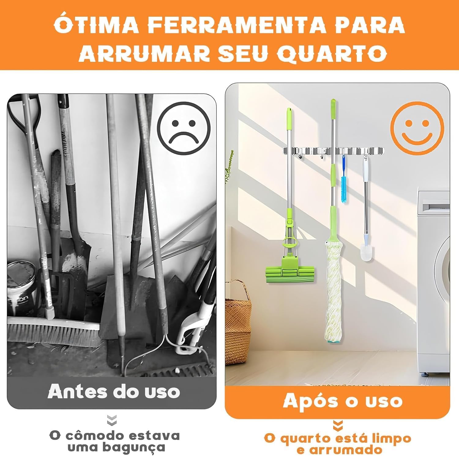 Suporte para Vassouras e Rodo de Parede Aço Inoxidável 9 Acessórios Organizador Premium IZEHOLD PRO