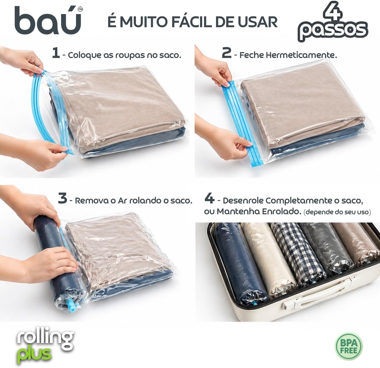 Kit 12 Sacos a Vácuo Manual Viagem Casa Camping Enrolar Sem Bomba 3 Tamanhos Economia IZEROLL PRO