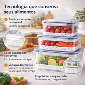 Kit 3 Potes Organizadores Geladeira Herméticos BPA Free Cesto Escorredor 850ml 1750ml 3300ml IZEFRESH PRO