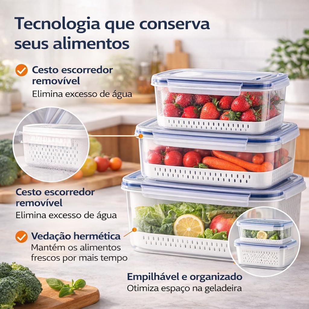 Kit 3 Potes Organizadores Geladeira Herméticos BPA Free Cesto Escorredor 850ml 1750ml 3300ml IZEFRESH PRO