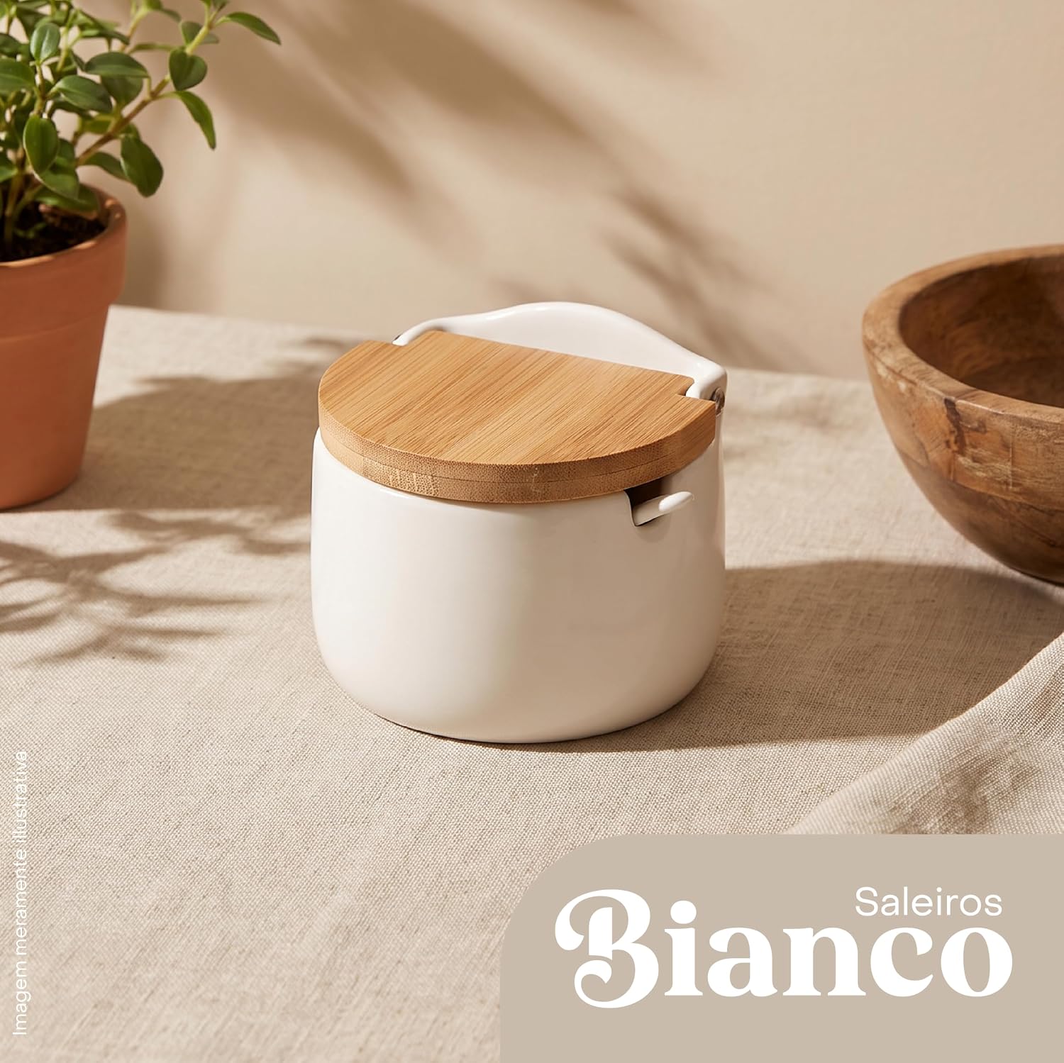 Saleiro de Mesa Cerâmica Branca Tampa de Bambu com Colher 10cm Elegante IZEHOME PRO