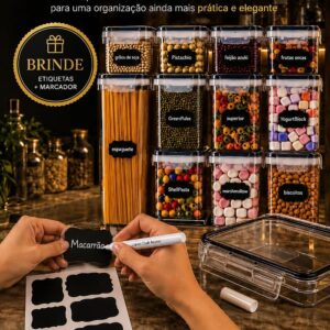 Kit 15 Potes Herméticos Empilháveis 4 Tamanhos Silicone Etiquetas Vedação Forte IZEKEEP PRO
