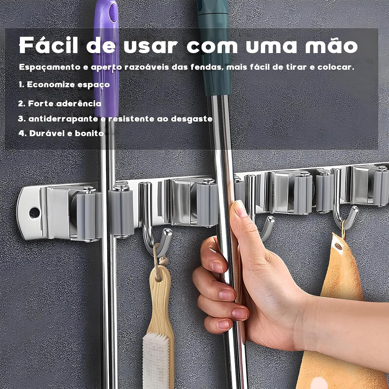 Suporte para Vassouras e Rodo de Parede Aço Inoxidável 9 Acessórios Organizador Premium IZEHOLD PRO