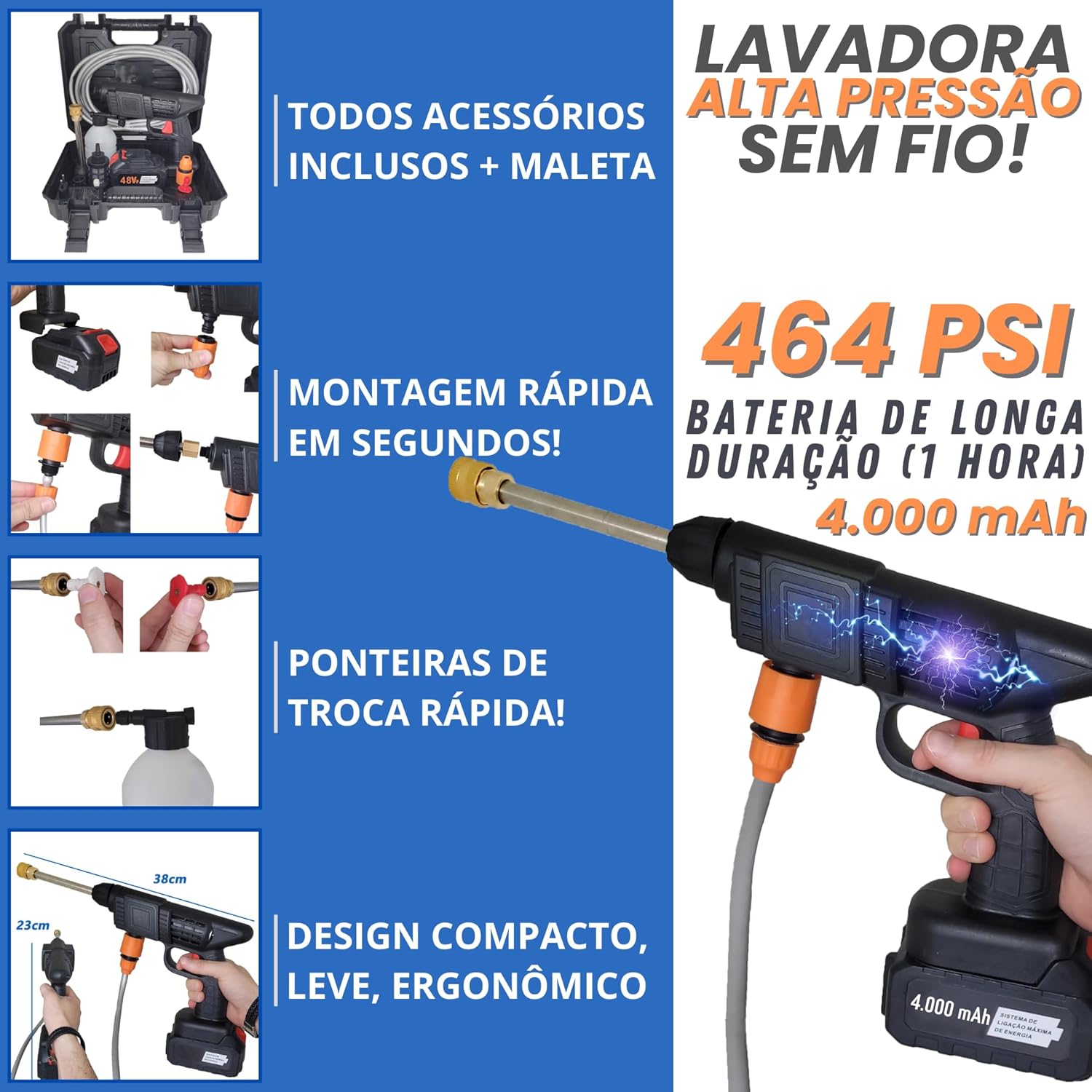 Lavadora Alta Pressão Portátil Sem Fio Recarregável Bivolt Preta 127V/220V Potência IZEJET PRO IZESHOP Lavadora de alta pressão portátil recarregável IZEJET PRO em uso na limpeza doméstica e automotiva