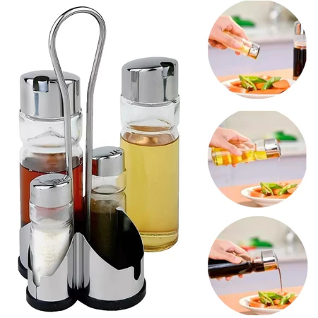 Galheteiro 4 Peças Vidro Transparente Tampa Inox Suporte Cromado Premium IZESHINE PRO IZESHOP
