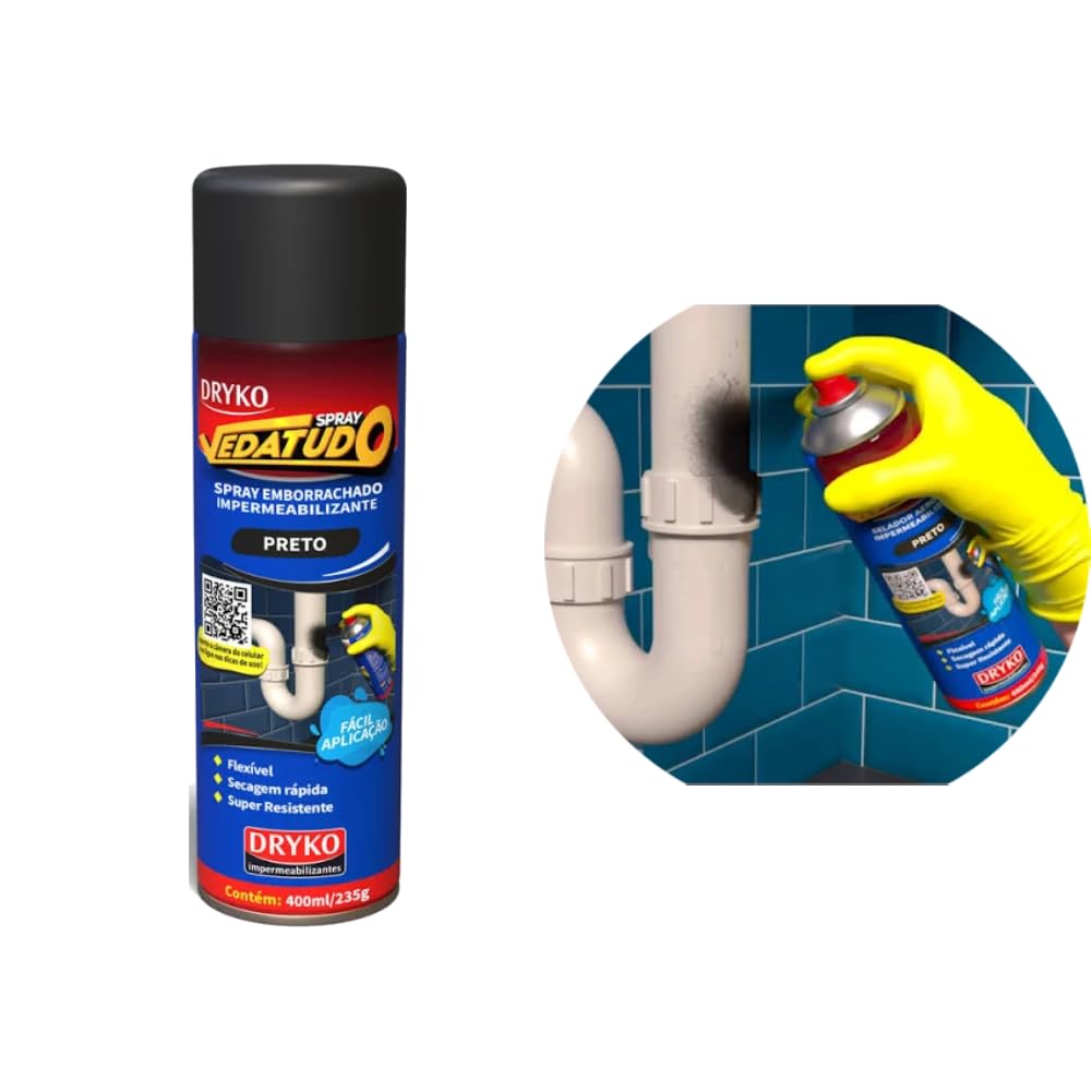 Dryko Spray Impermeabilizante Vedatudo Preto 400ml Borracha Líquida Antivazamento Secagem Rápida IZEPROTECT MAX