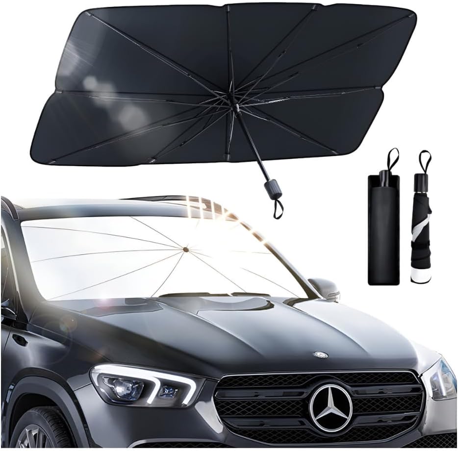 Protetor Solar para Para-brisa Retrátil UV50+ Dobrável com 10 Hastes, Preto e Prata, para Carros, Vans e Caminhonetes IZEAuto Protect