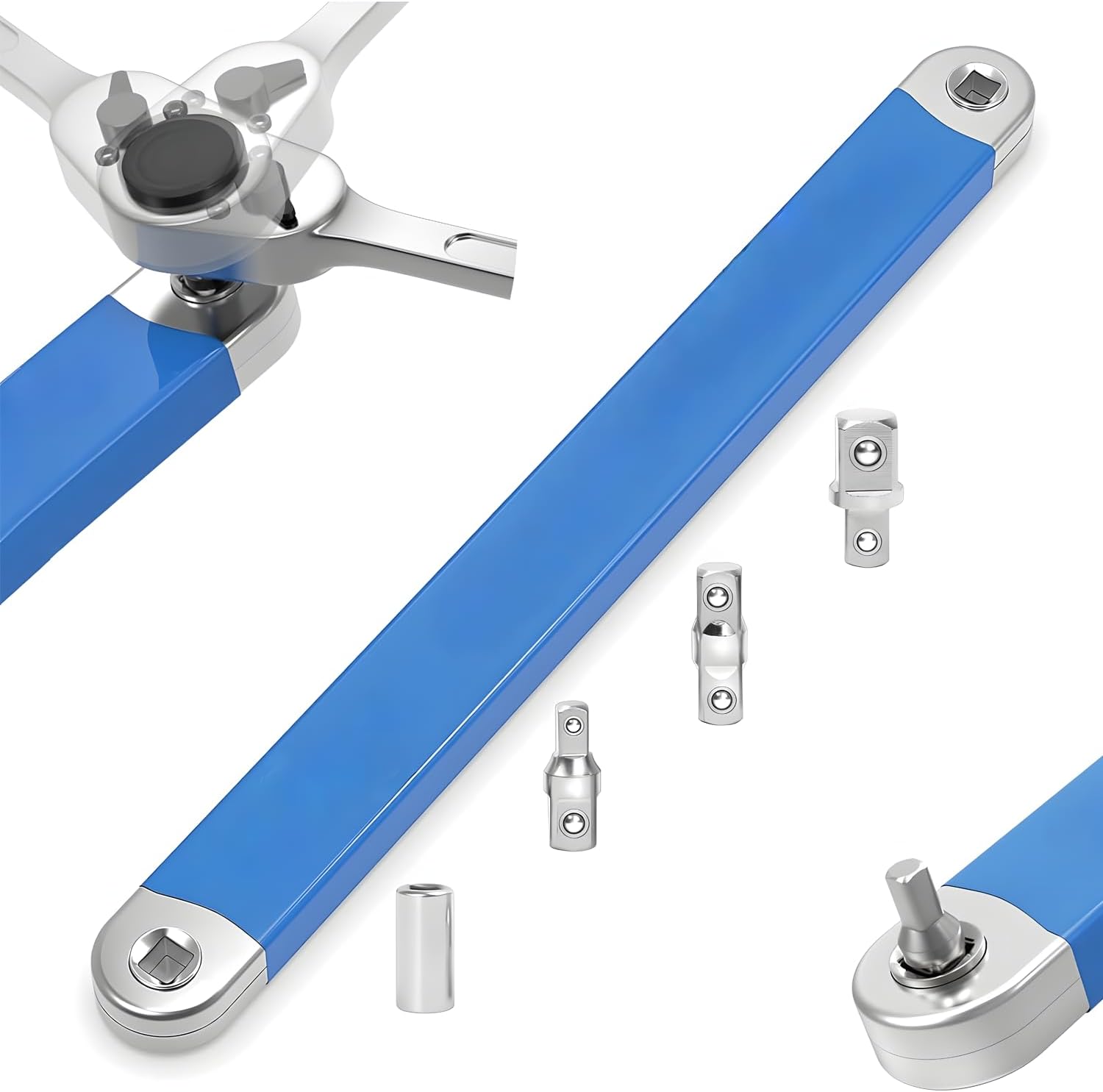 Chave de Extensão Catraca 39cm Aço Cromado 4 Adaptadores 1/4 3/8 1/2 Reforçada IZECRANK PRO
