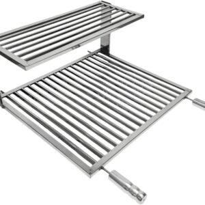 Grelha Uruguaia Inox 430 40 x 50 cm com Descanso Superior, Cabos com Manoplas de Madeira e Proteção Térmica IZECOOK BBQ