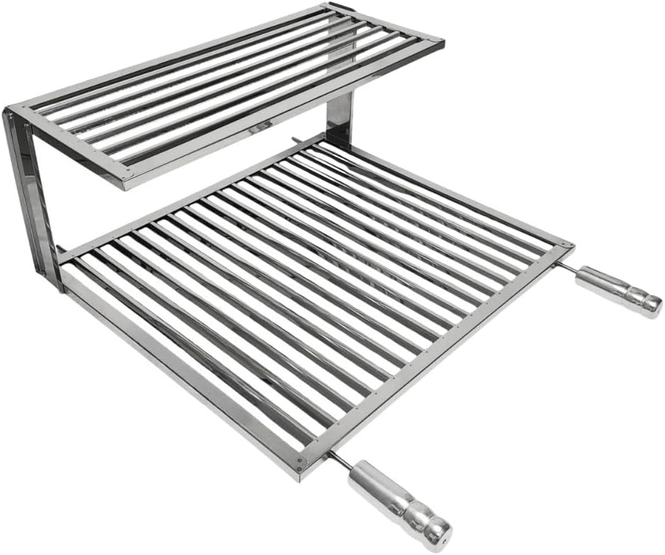 Grelha Uruguaia Inox 430 40 x 50 cm com Descanso Superior, Cabos com Manoplas de Madeira e Proteção Térmica IZECOOK BBQ