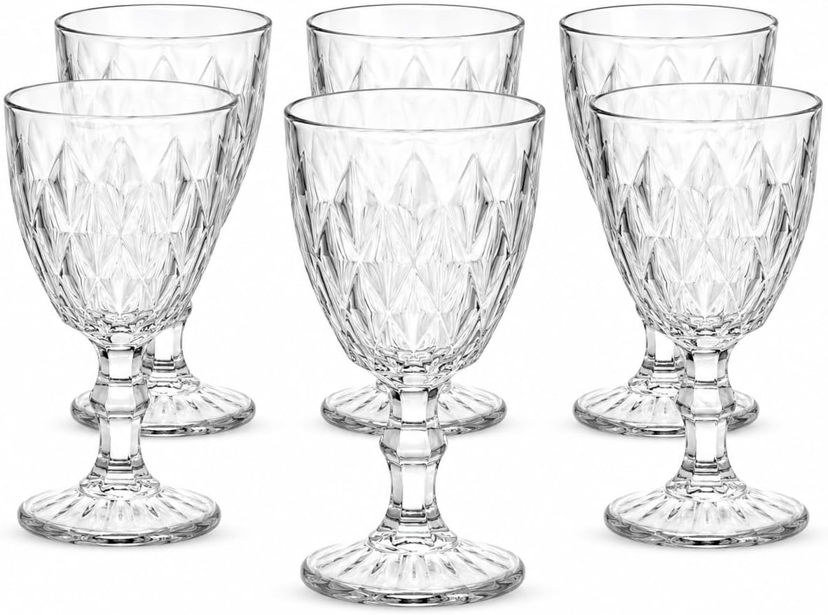 Jogo 6 Taças de Vidro Diamond 340 ml Transparente com Relevo Facetado para Drinks, Água e Mesa Posta IZEHOME
