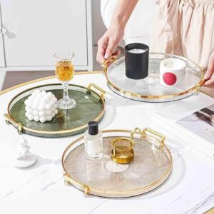 Bandeja Organizadora Redonda de Plástico com Alças, Borda Dourada e Elevada, 25,5 cm, para Servir e Decorar IZEHOME Bandeja Organizadora Redonda de Plástico com Alças, Borda Dourada e Elevada, 25,5 cm, para Servir e Decorar IZEHOME