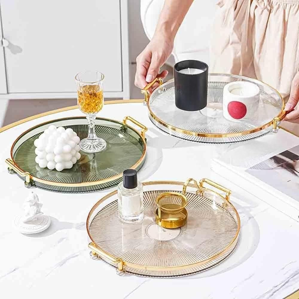 Bandeja Organizadora Redonda de Plástico com Alças, Borda Dourada e Elevada, 25,5 cm, para Servir e Decorar IZEHOME IZESHOP Bandeja decorativa redonda IZEHOME para penteadeira sala cozinha ou quarto