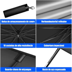 Protetor Solar para Para-brisa Retrátil UV50+ Dobrável com 10 Hastes, Preto e Prata, para Carros, Vans e Caminhonetes IZEAuto Protect