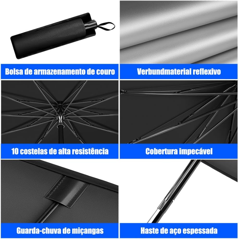 Protetor Solar para Para-brisa Retrátil UV50+ Dobrável com 10 Hastes, Preto e Prata, para Carros, Vans e Caminhonetes IZEAuto Protect