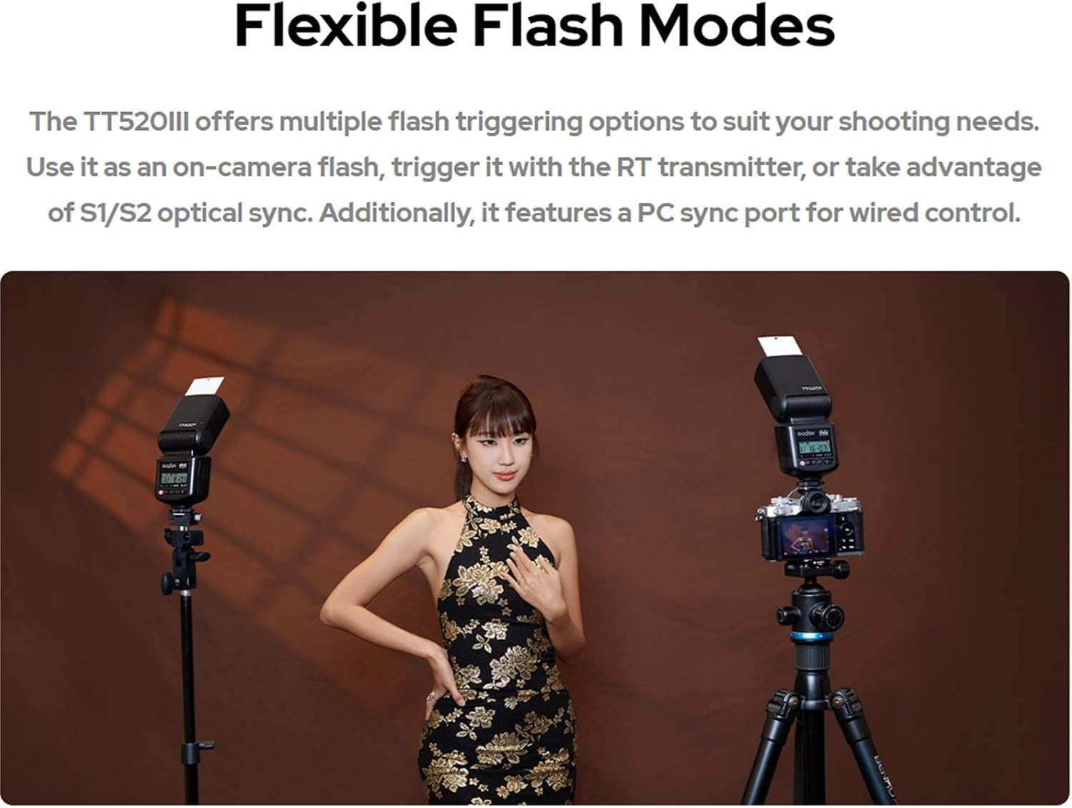 Flash Godox TT520III Manual GN 33, sem TTL, receptor 433 MHz, transmissor RT incluso e cabeça articulada para câmeras Canon, Nikon e Sony IZEFLASH PRO