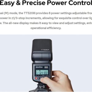Flash Godox TT520III Manual sem TTL, GN 33, 8 níveis de potência, rádio 433 MHz, cabeça móvel e transmissor RT IZEFLASH PRO