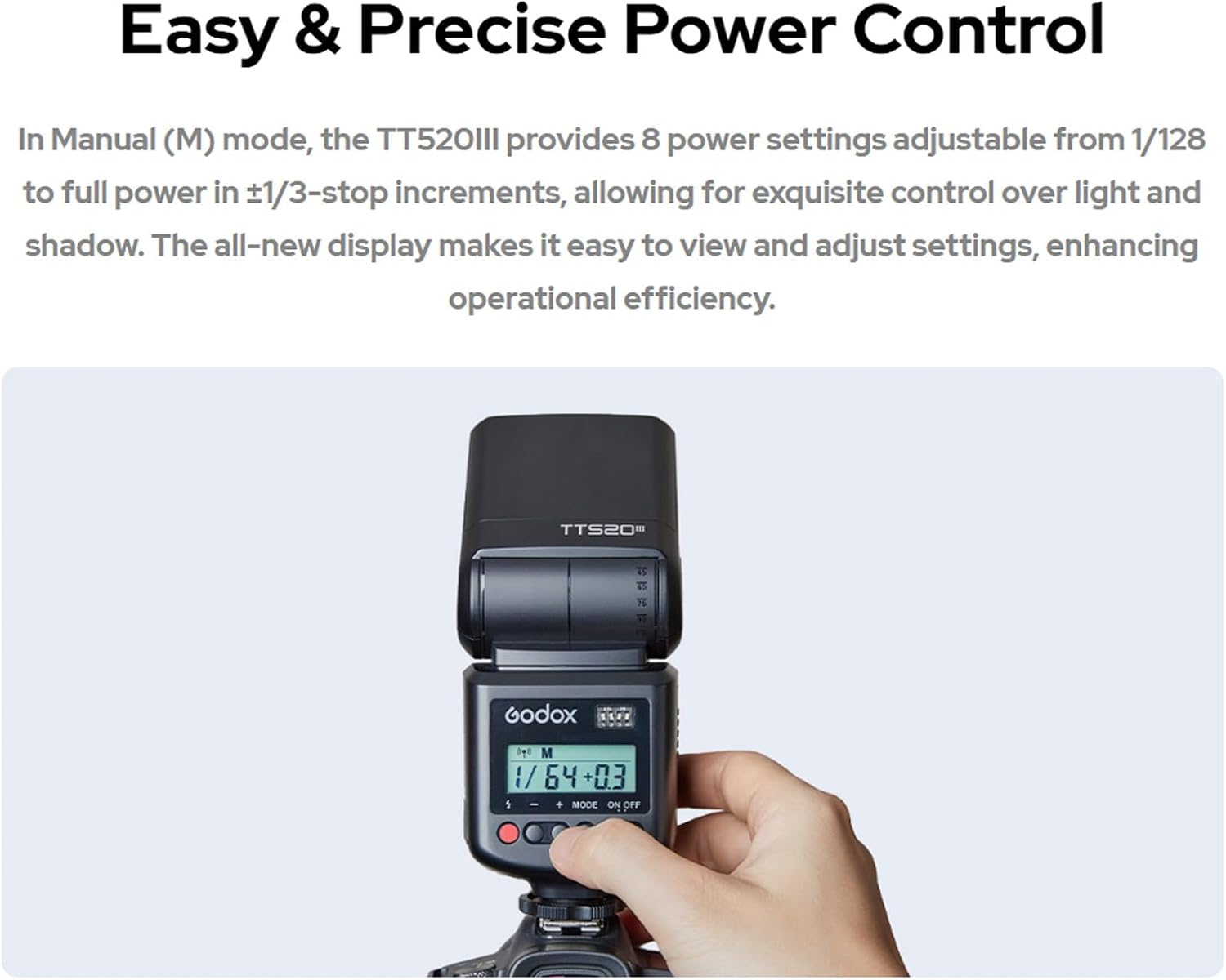 Flash Godox TT520III Manual sem TTL, GN 33, 8 níveis de potência, rádio 433 MHz, cabeça móvel e transmissor RT IZEFLASH PRO