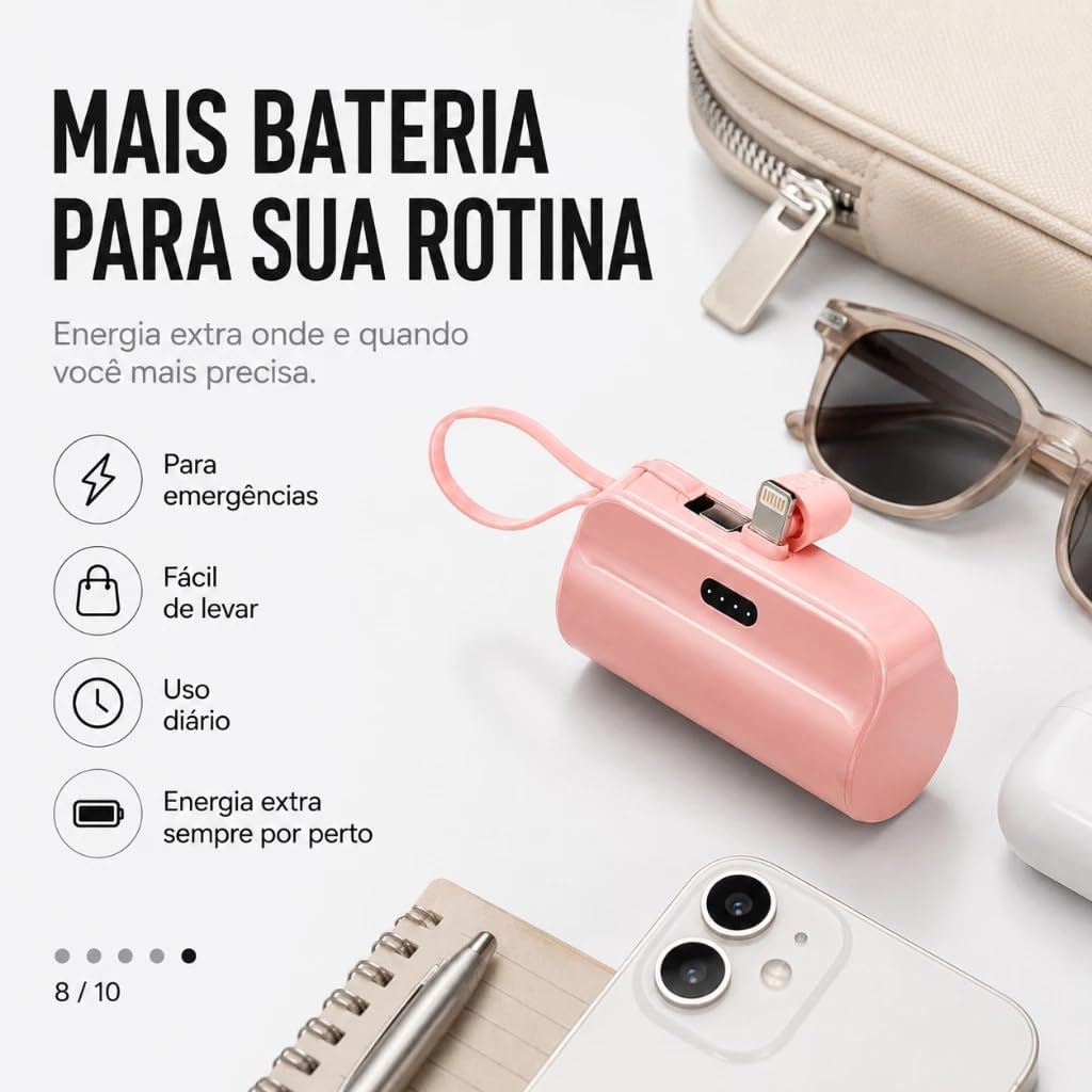 Carregador Portátil Power Bank 10000 mAh Mini com Suporte Integrado para iPhone, Tipo C e Tablets IZEPOWER GO