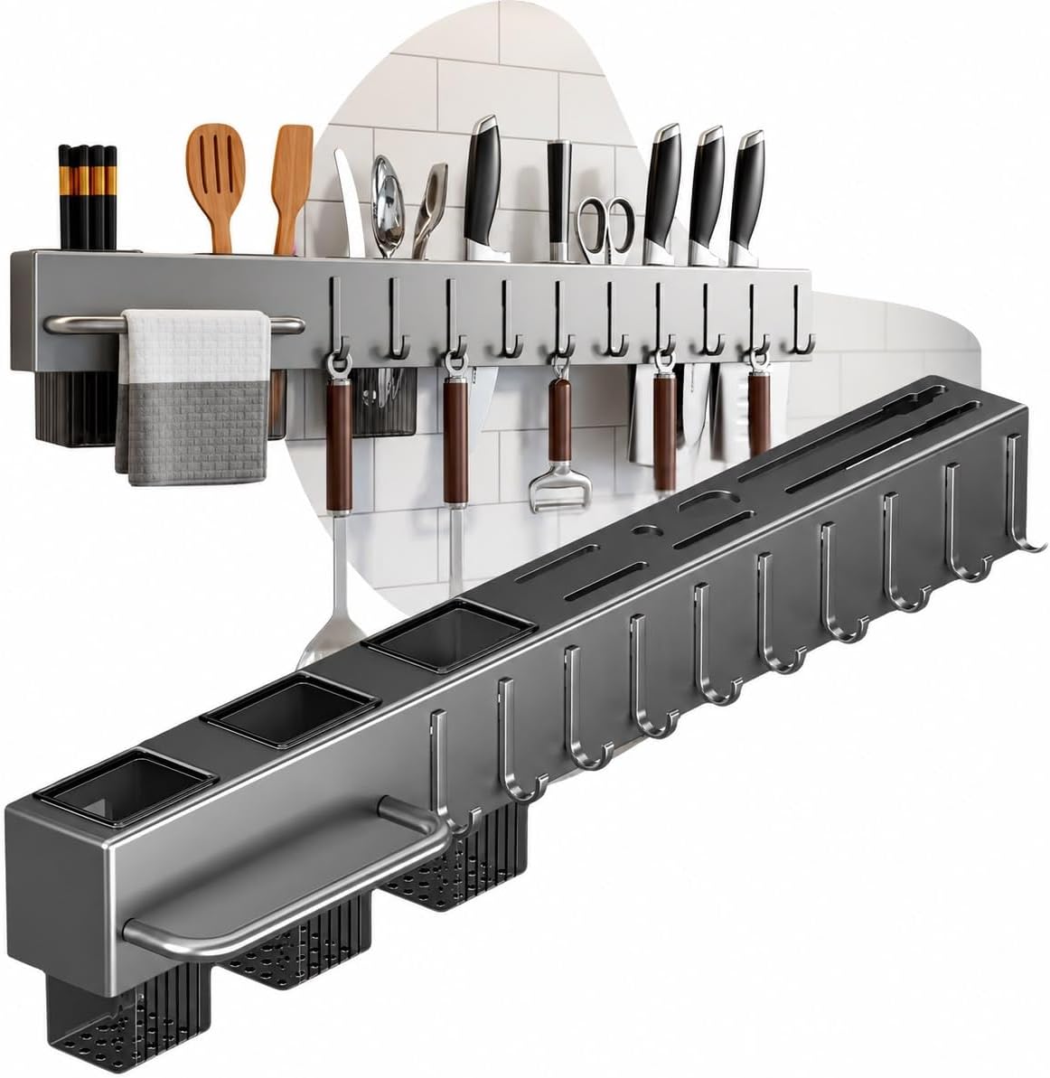 Organizador de Cozinha Parede Inox Cinza 10 Ganchos Multifuncional IZEKITCHEN PRO