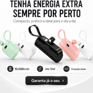 Carregador Portátil Power Bank 10000 mAh Mini com Suporte Integrado para iPhone, Tipo C e Tablets IZEPOWER GO