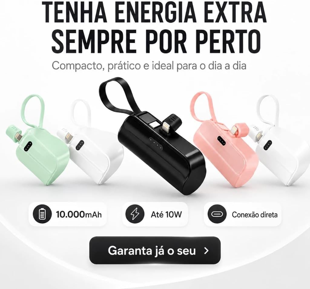 Carregador Portátil Power Bank 10000 mAh Mini com Suporte Integrado para iPhone, Tipo C e Tablets IZEPOWER GO