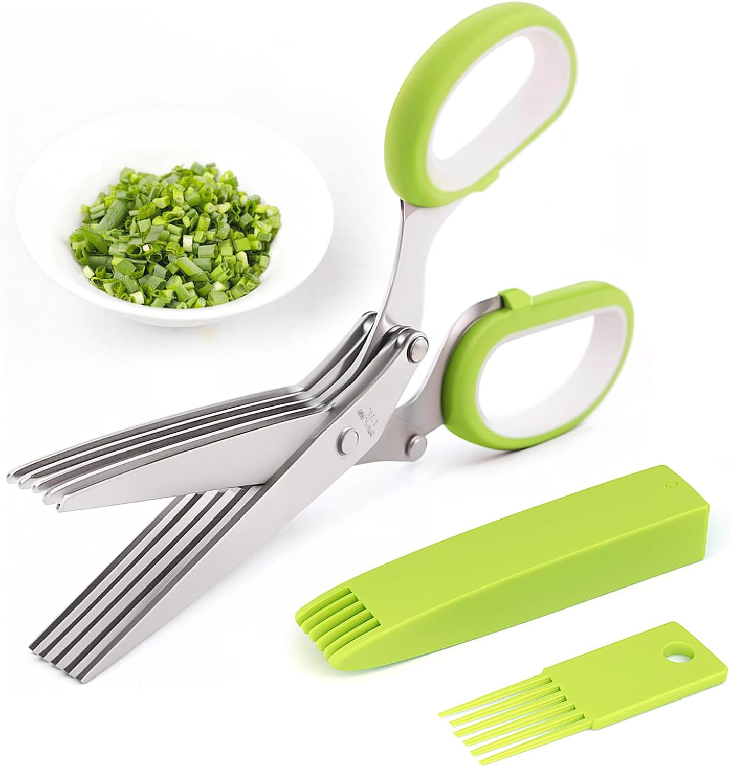 Tesoura de Ervas 5 Lâminas Inox Verde com Tampa Antiderrapante Multiuso IZECHOP PRO