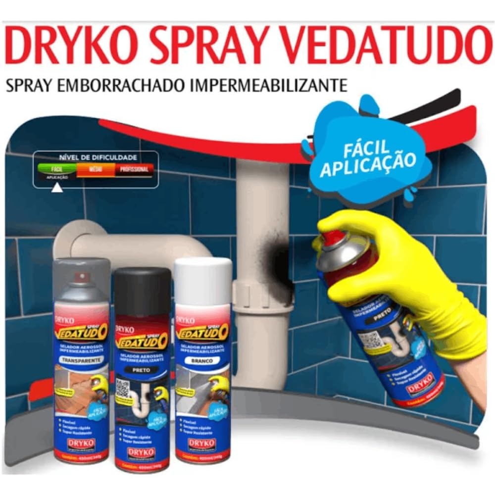 Dryko Spray Impermeabilizante Vedatudo Preto 400ml Borracha Líquida Antivazamento Secagem Rápida IZEPROTECT MAX