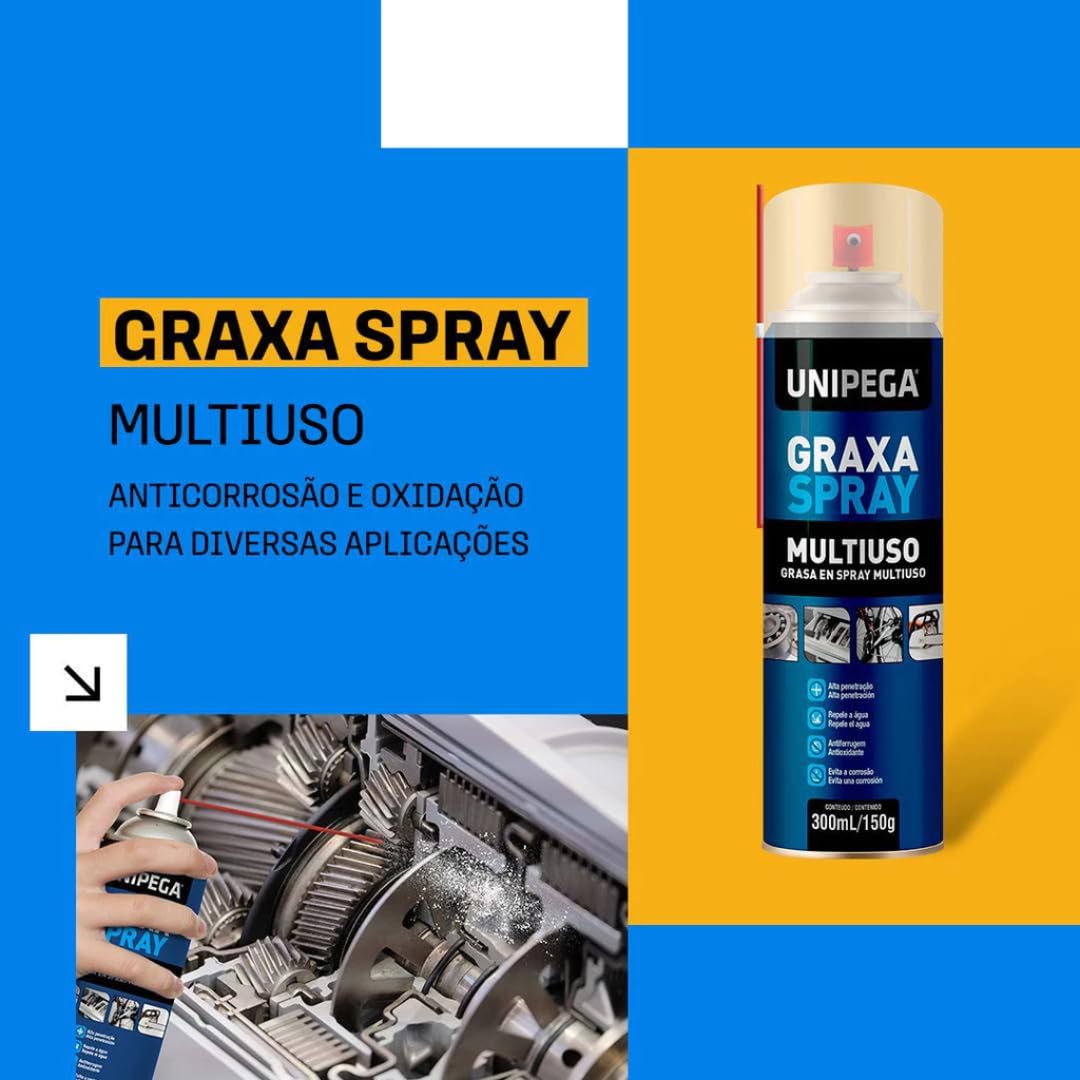 Unipega Graxa Spray Lubrificante Multiuso 300ml Alta Aderência Anti-Corrosão IZELUBE PRO