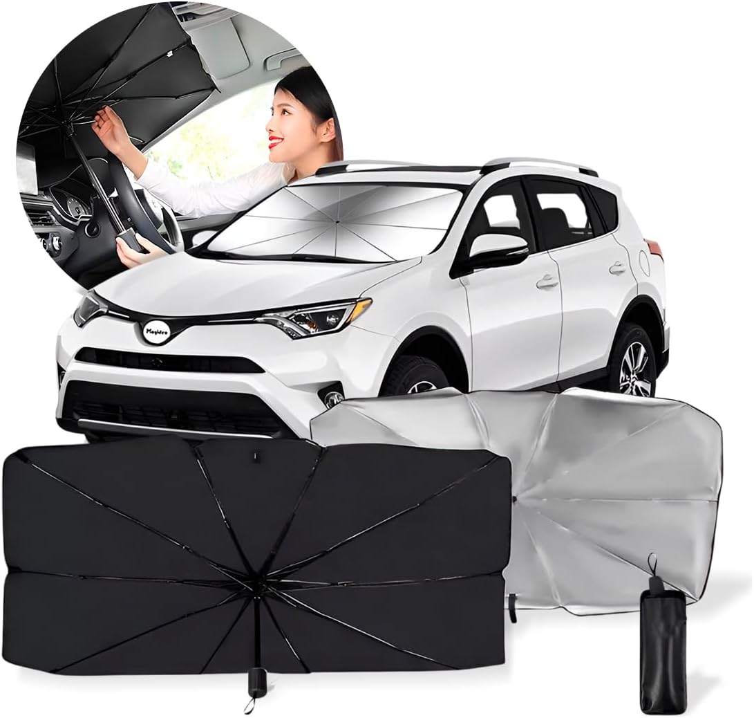 Protetor Solar para Para-brisa Retrátil UV50+ Dobrável com 10 Hastes, Preto e Prata, para Carros, Vans e Caminhonetes IZEAuto Protect