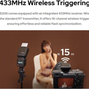 Flash Godox TT520III Manual sem TTL, GN 33, 8 níveis de potência, rádio 433 MHz, cabeça móvel e transmissor RT IZEFLASH PRO