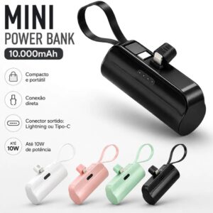 Carregador Portátil Power Bank 10000 mAh Mini com Suporte Integrado para iPhone, Tipo C e Tablets IZEPOWER GO
