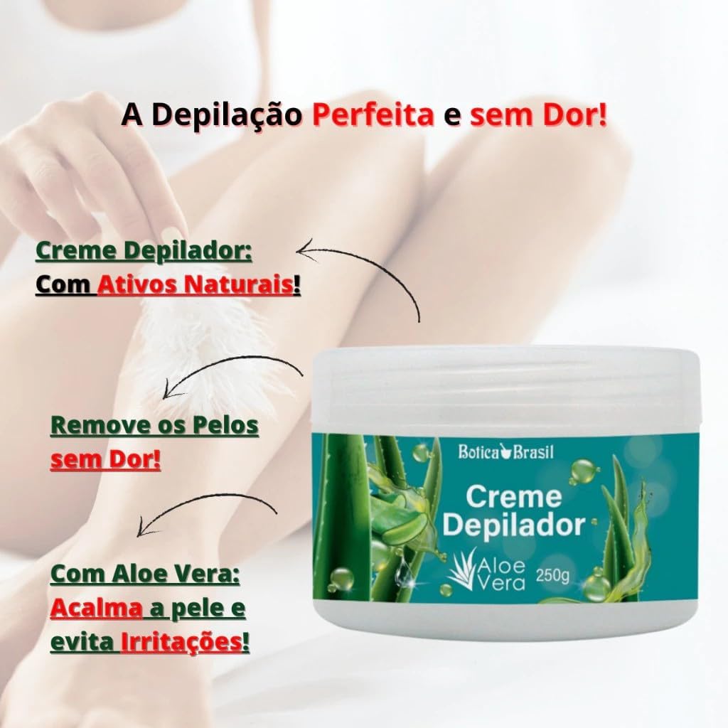Creme Depilatório Botica Brasil com Aloe Vera 250 g, ação em até 15 minutos, dermatologicamente testado para pernas, axilas e virilha