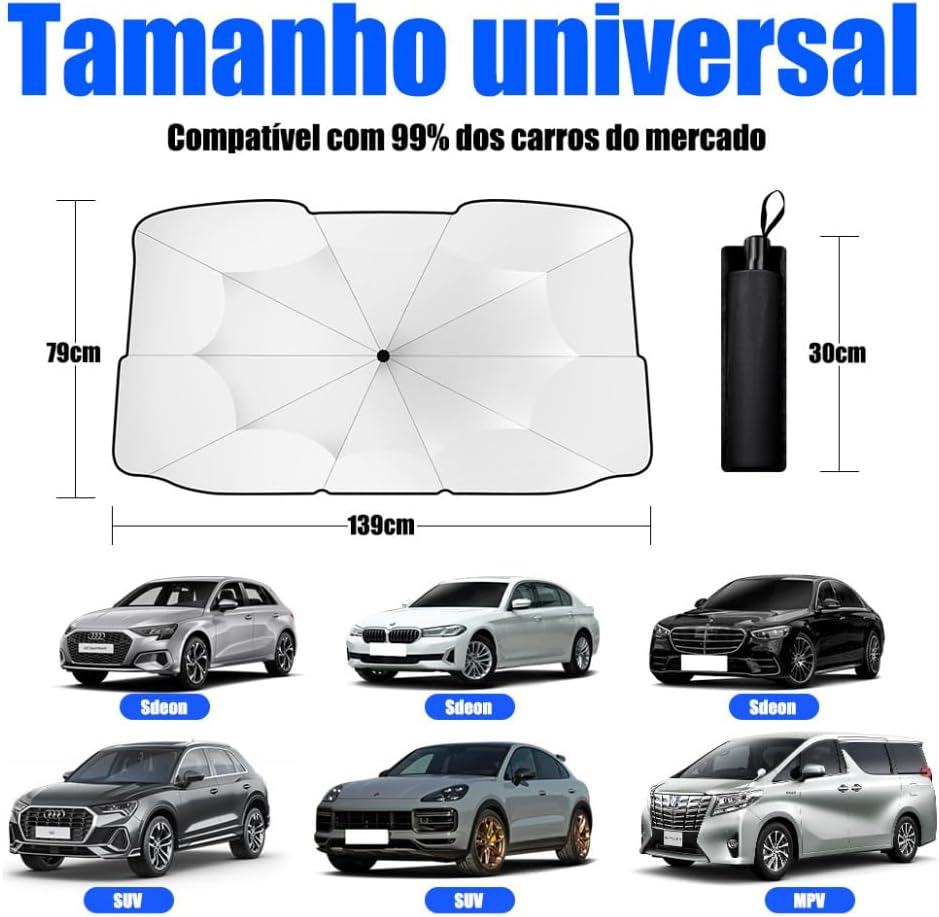 Protetor Solar para Para-brisa Retrátil UV50+ Dobrável com 10 Hastes, Preto e Prata, para Carros, Vans e Caminhonetes IZEAuto Protect