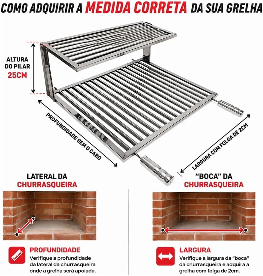 Grelha Uruguaia Inox 430 40 x 50 cm com Descanso Superior, Cabos com Manoplas de Madeira e Proteção Térmica IZECOOK BBQ
