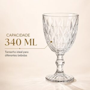 Jogo 6 Taças de Vidro Diamond 340 ml Transparente com Relevo Facetado para Drinks, Água e Mesa Posta IZEHOME