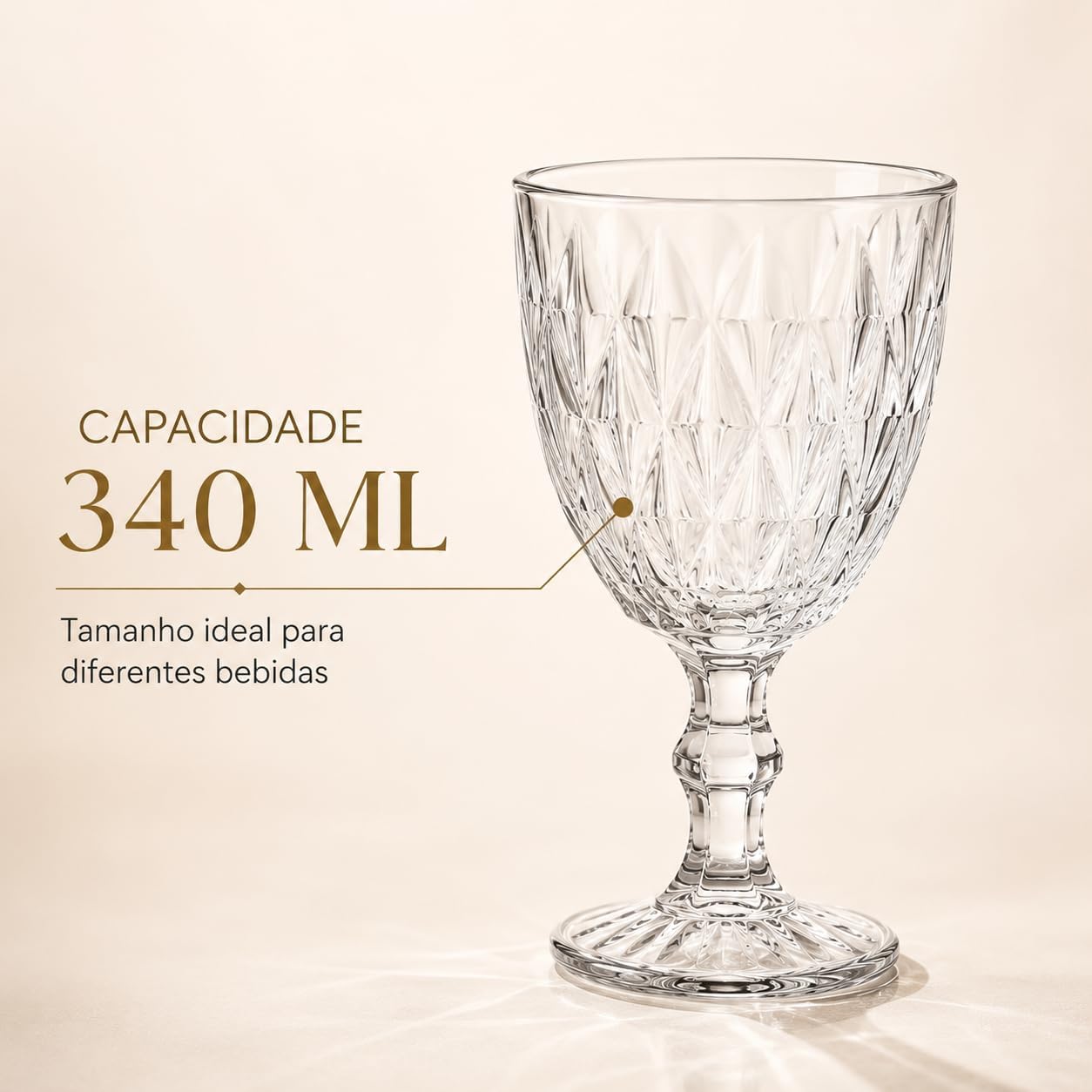 Jogo 6 Taças de Vidro Diamond 340 ml Transparente com Relevo Facetado para Drinks, Água e Mesa Posta IZEHOME